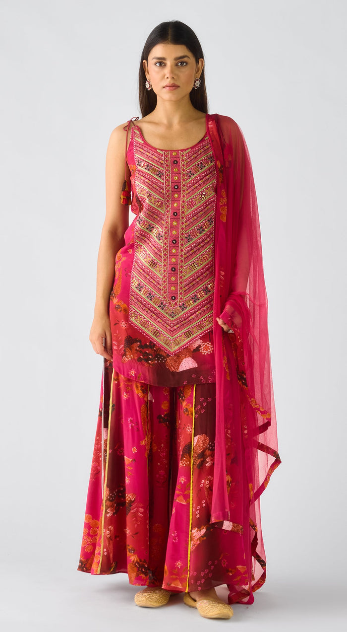 Deep Pink Crepe Embroidered Sharara Set