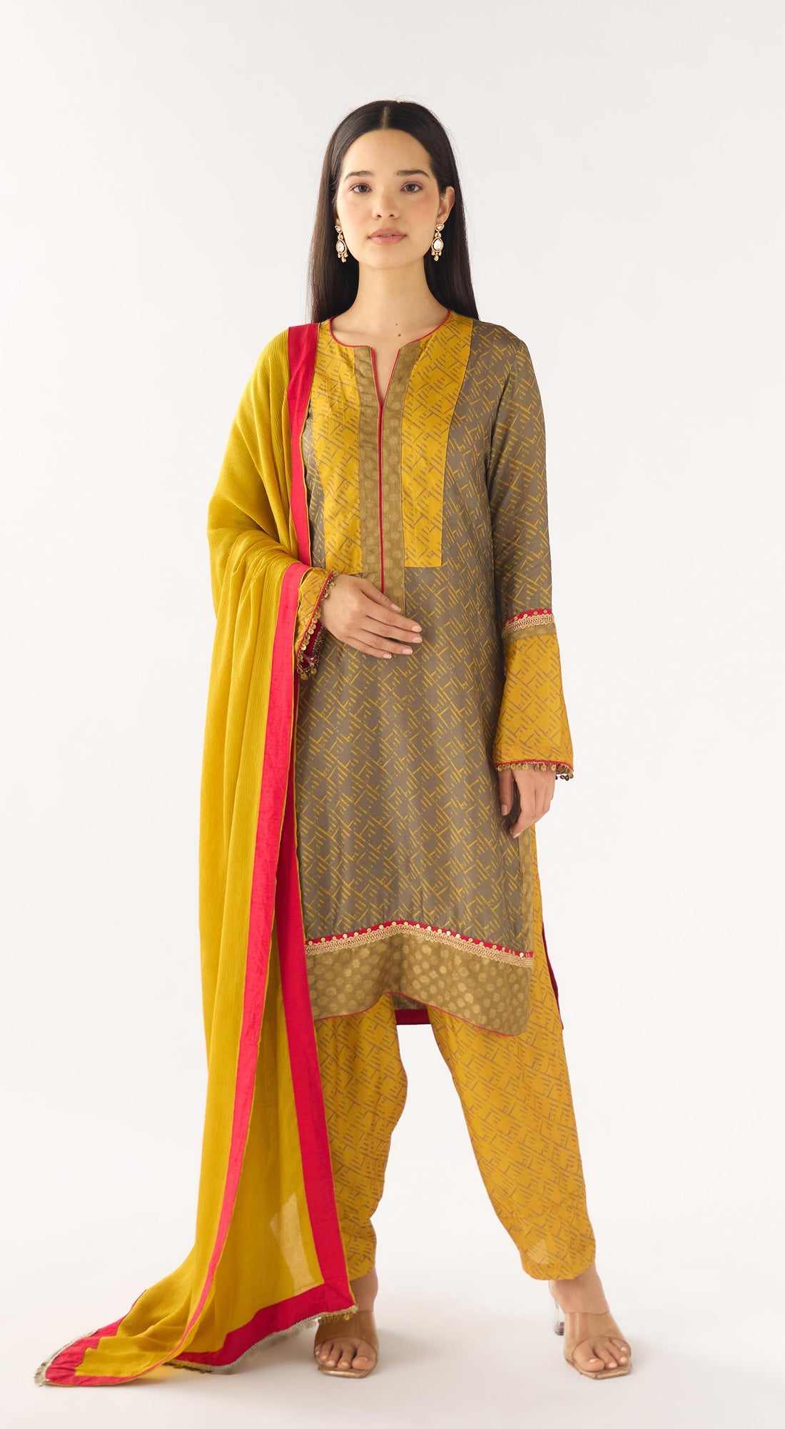 Yellow Cotton Silk Embellished Suit Set