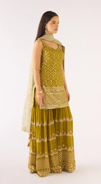 Lime Georgette Embroidered Sharara Set