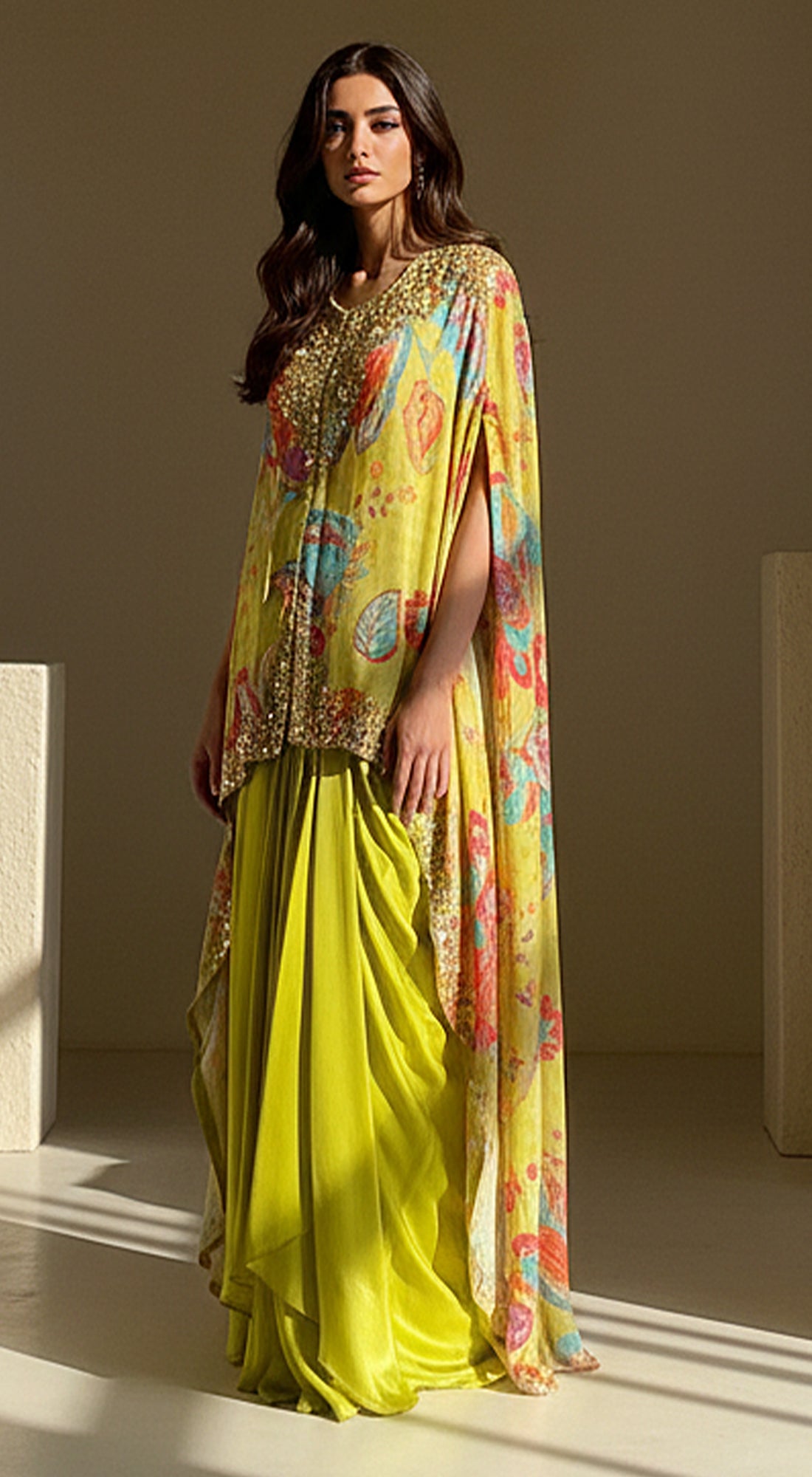 Lime Crepe Floral Embroidered Cape Set