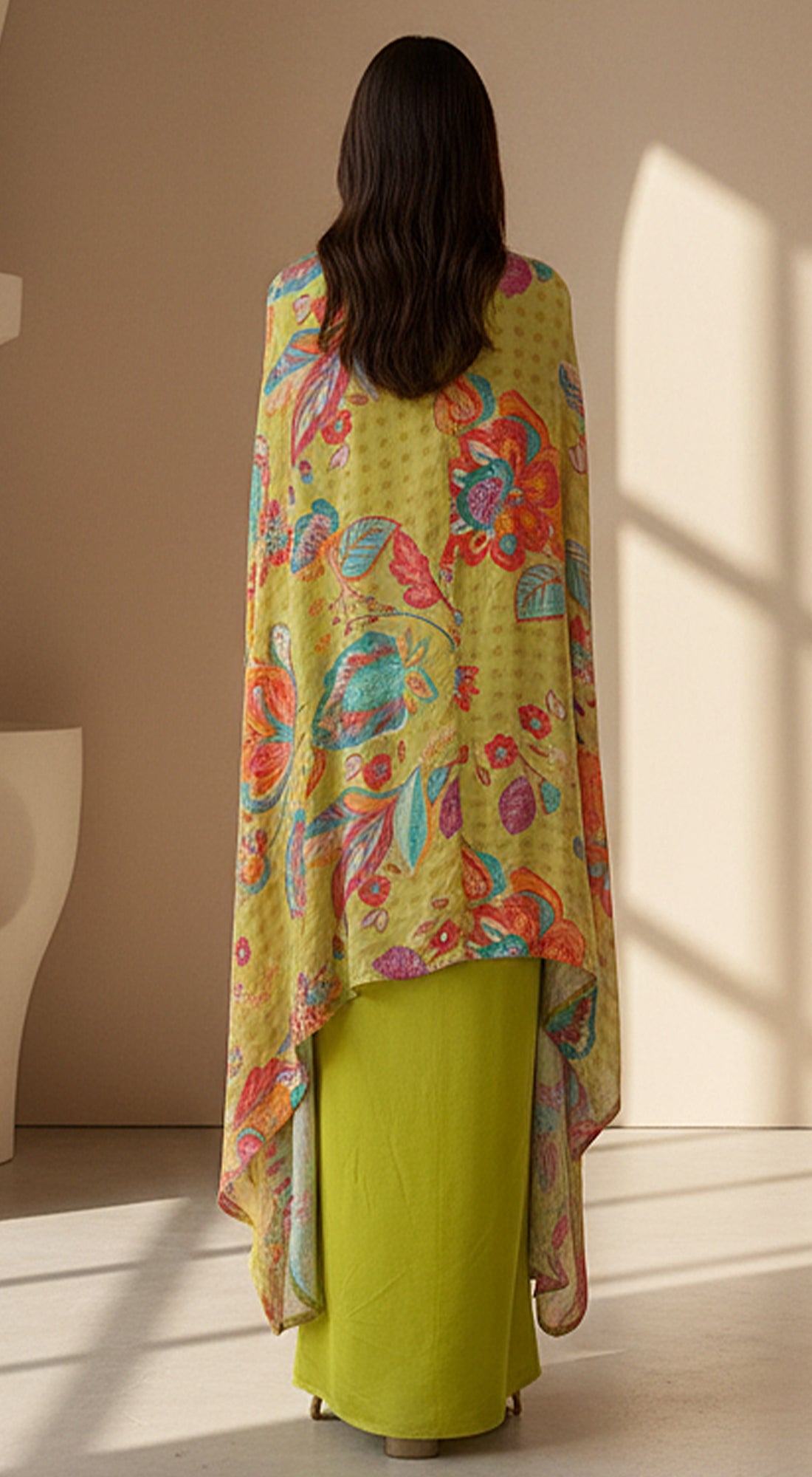 Lime Crepe Floral Embroidered Cape Set