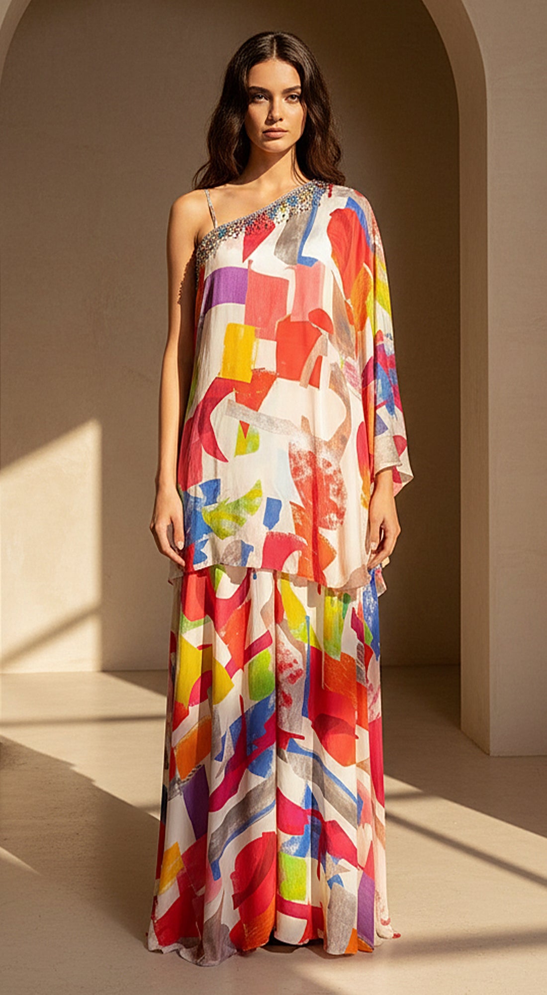 Ivory Crepe asyemtric Embroidered Sharara Set