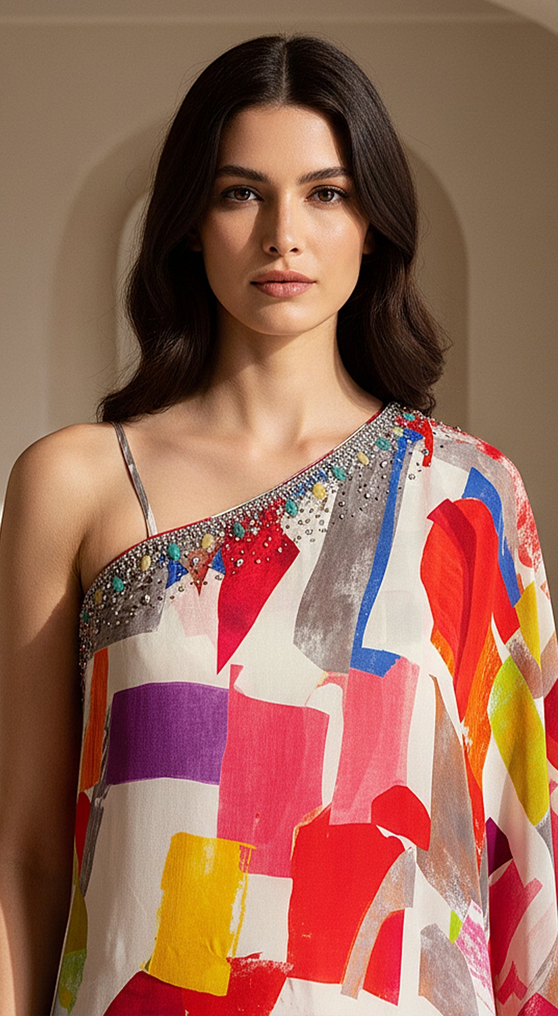 Ivory Crepe asyemtric Embroidered Sharara Set