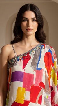 Ivory Crepe asyemtric Embroidered Sharara Set