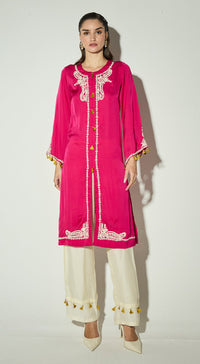 Rani-Pink Satin Embroidered Kurta Set