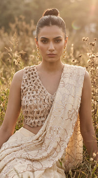 Ivory Organza Embroidered Draped Saree