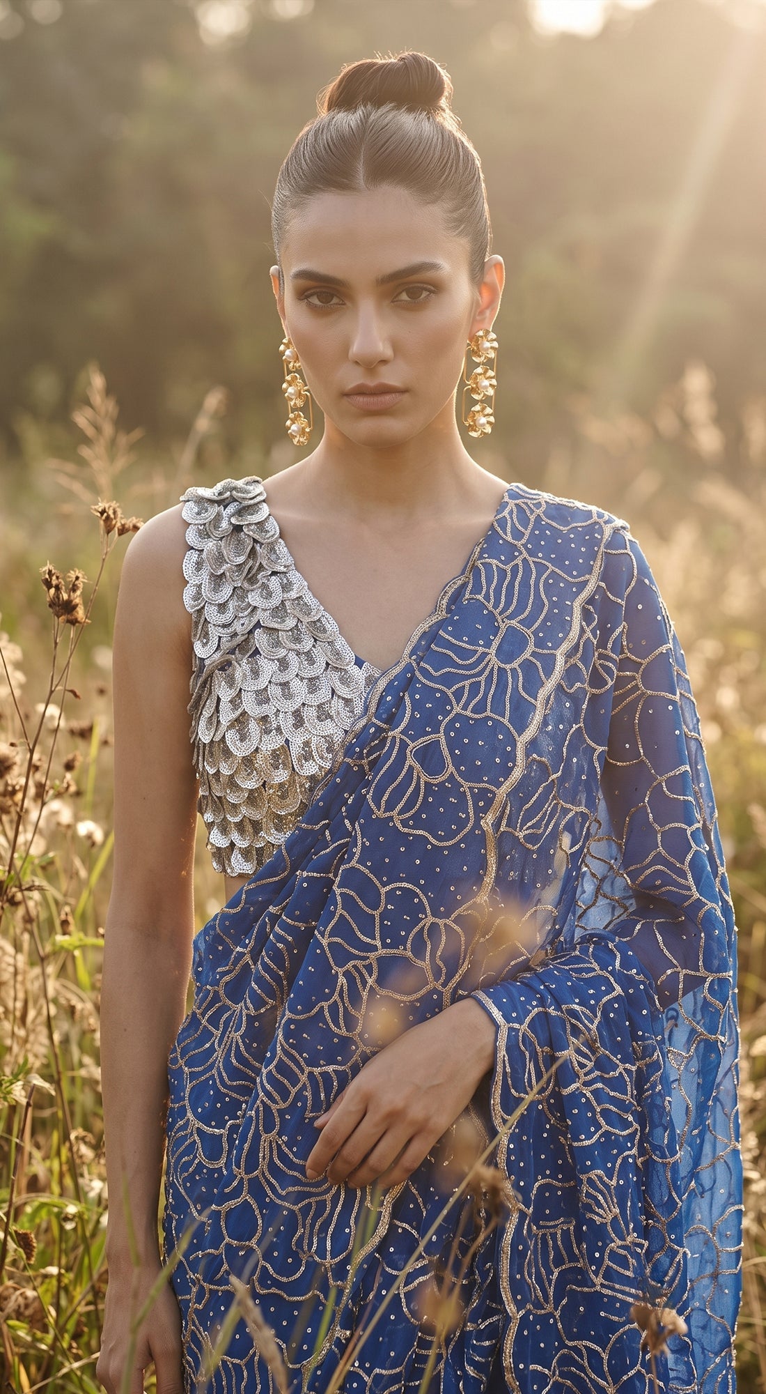 Blue Organza Embroidered Draped Saree