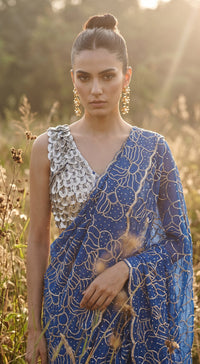 Blue Organza Embroidered Draped Saree