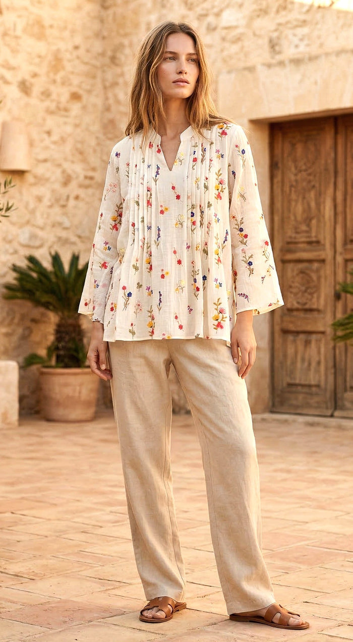 Ivory Mul Chanderi Floral Textured Tunic