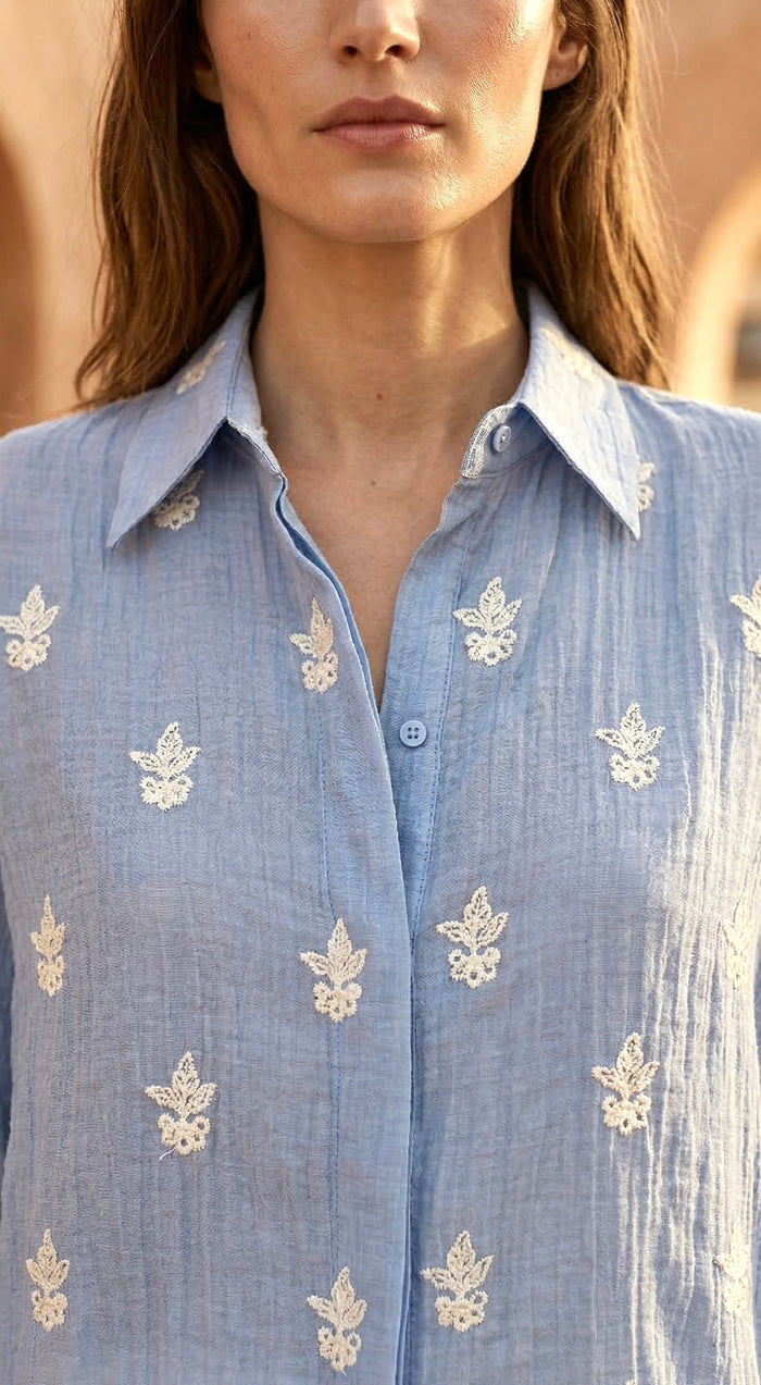 Blue Cotton Thread Embroidered Shirt