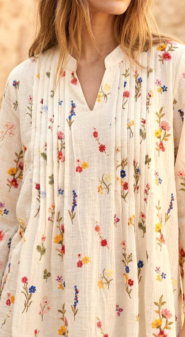 Ivory Mul Chanderi Floral Textured Tunic