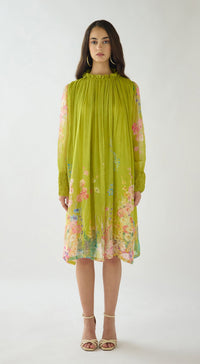 Lime Georgette Embroidered Flora Flow Dress