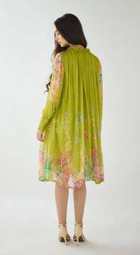 Lime Georgette Embroidered Flora Flow Dress