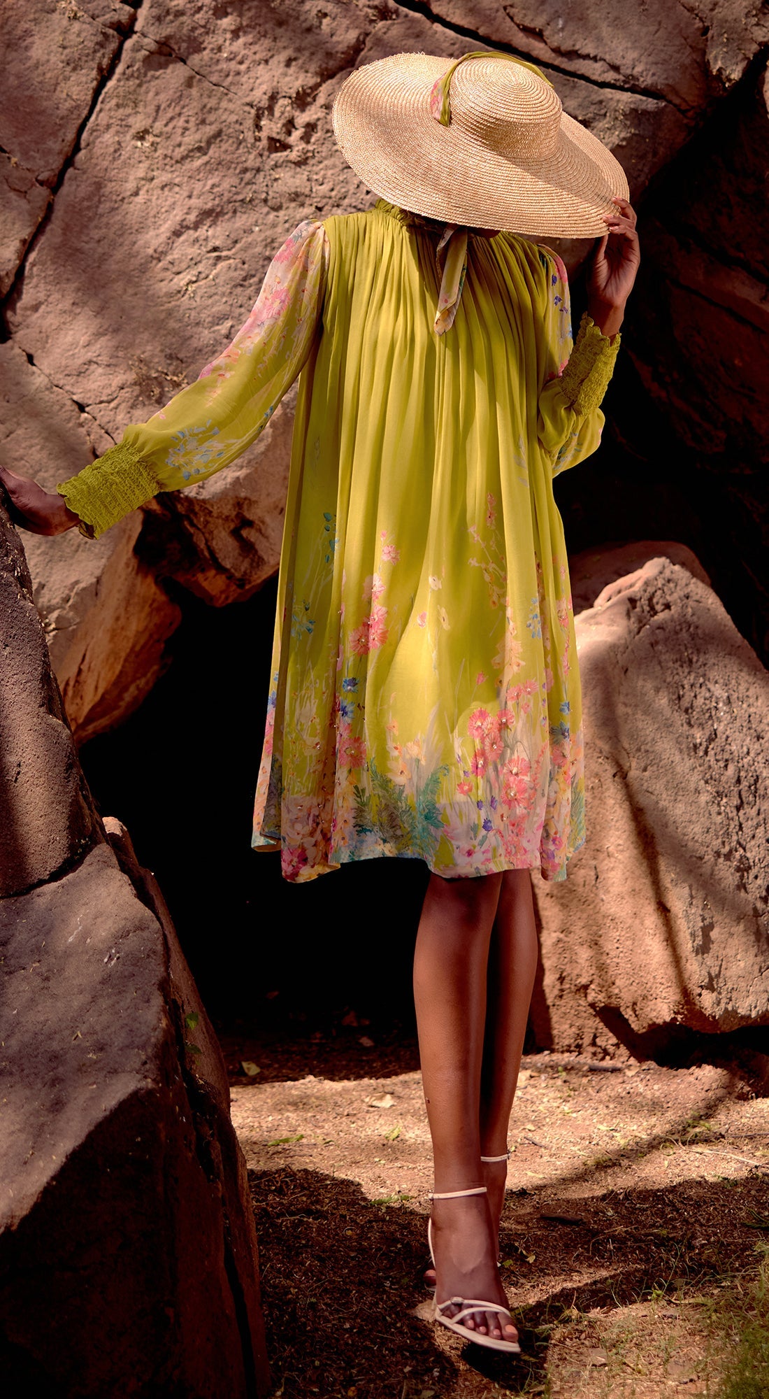 Lime Georgette Embroidered Flora Flow Dress