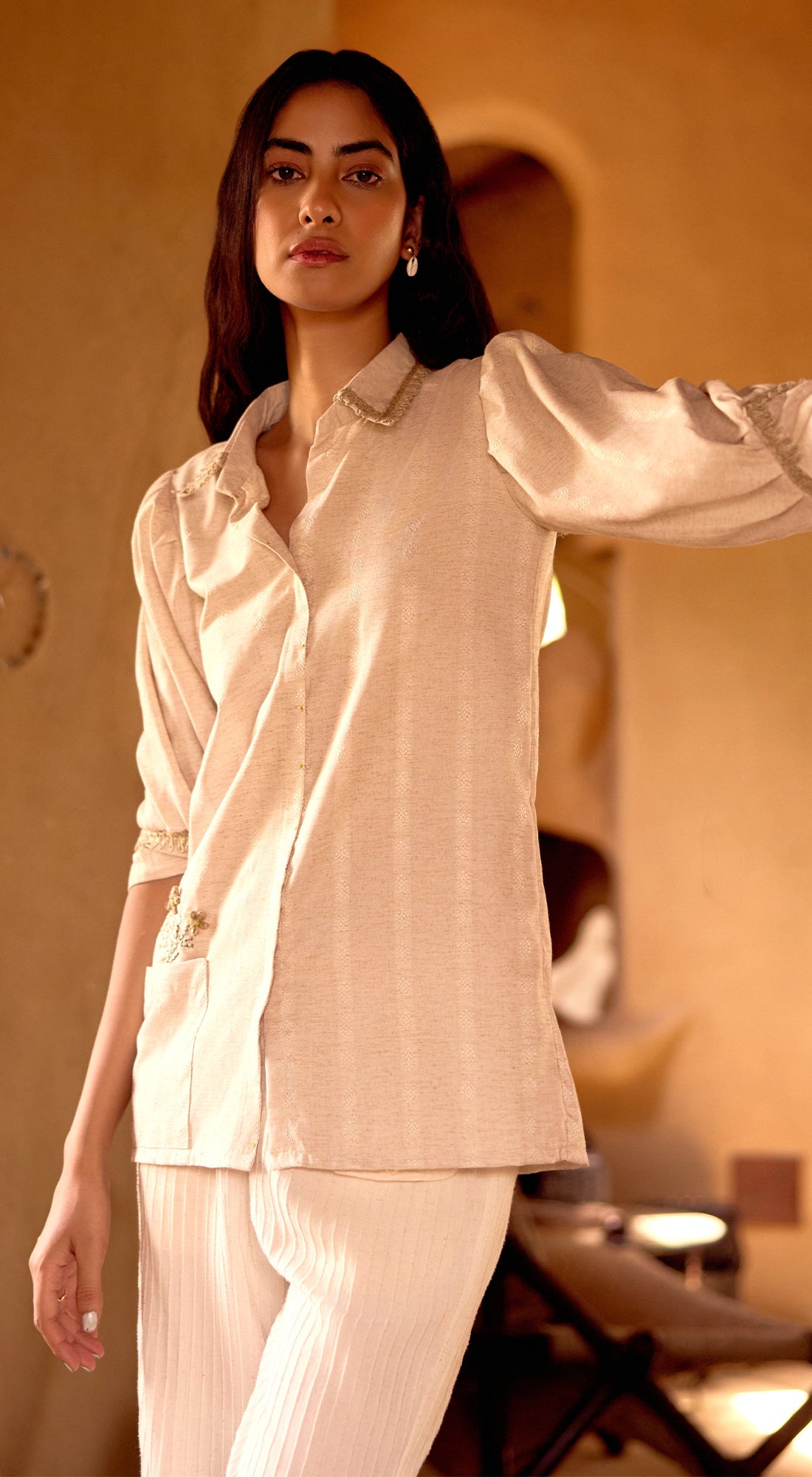 Ivory Striped Linen Blend Shirt