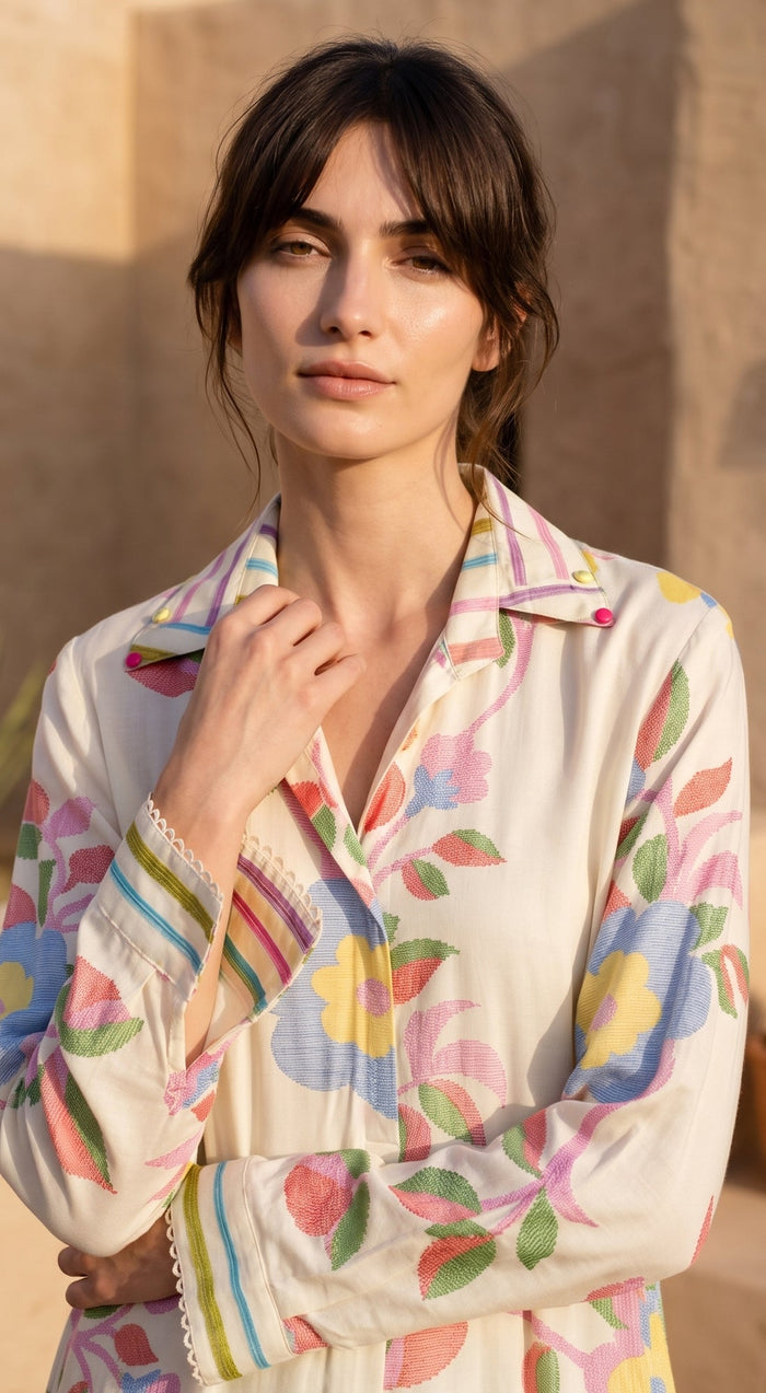 Ivory Muslin Flora & Stripes Co-ord Set