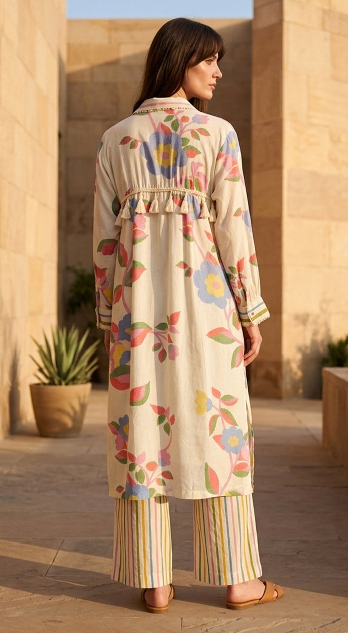 Ivory Muslin Flora & Stripes Co-ord Set
