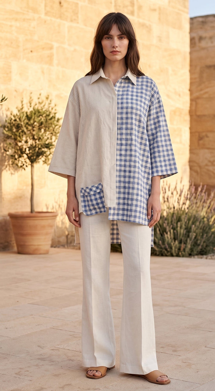 Blue Linen Stripes & Check Shirt