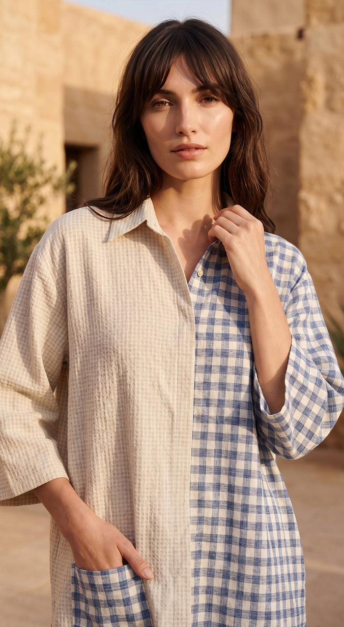 Blue Linen Stripes & Check Shirt