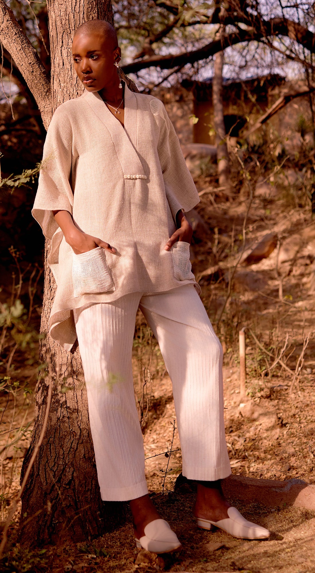 Ivory Stone Drift Embroidered Kaftan Top