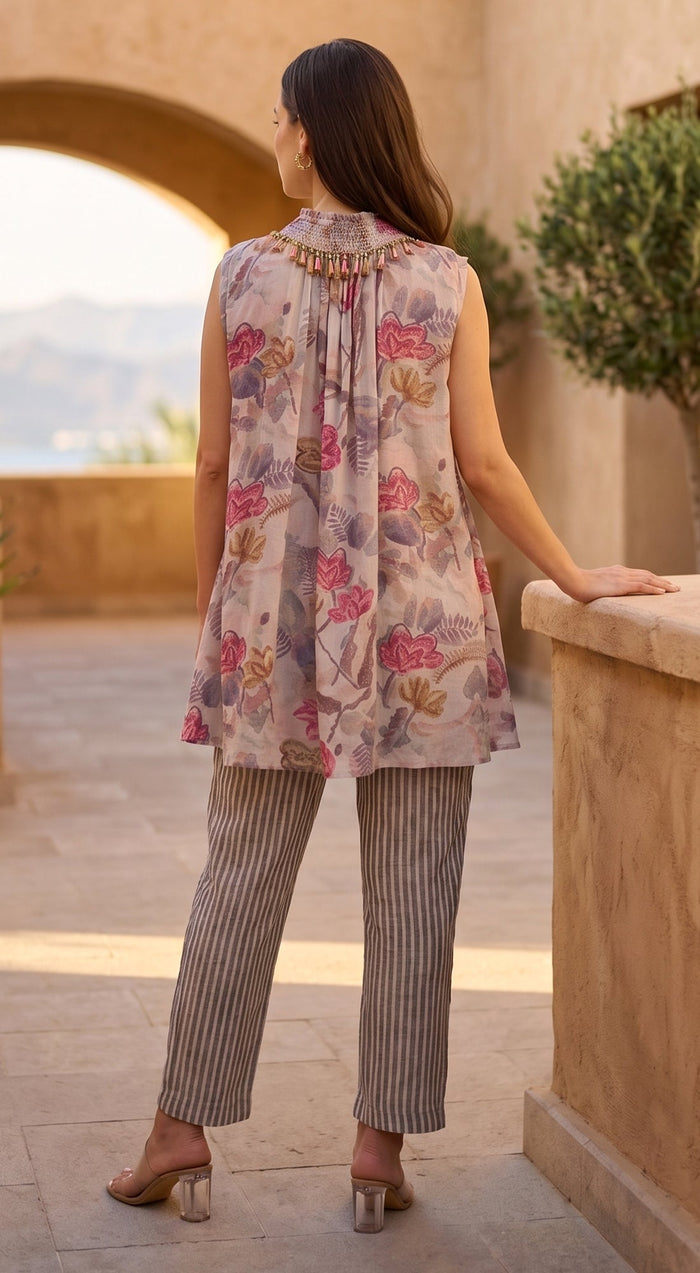Grey Muslin Flora & Stripes Co-ord Set