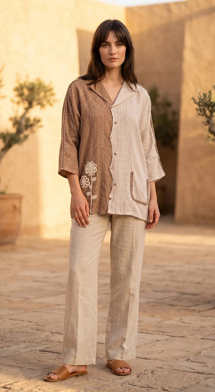 IVORY COTTON JUTE COLORBLOCK SHIRT 1