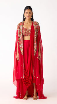 The Scarlet Embrace Draped Skirt & Cape Set
