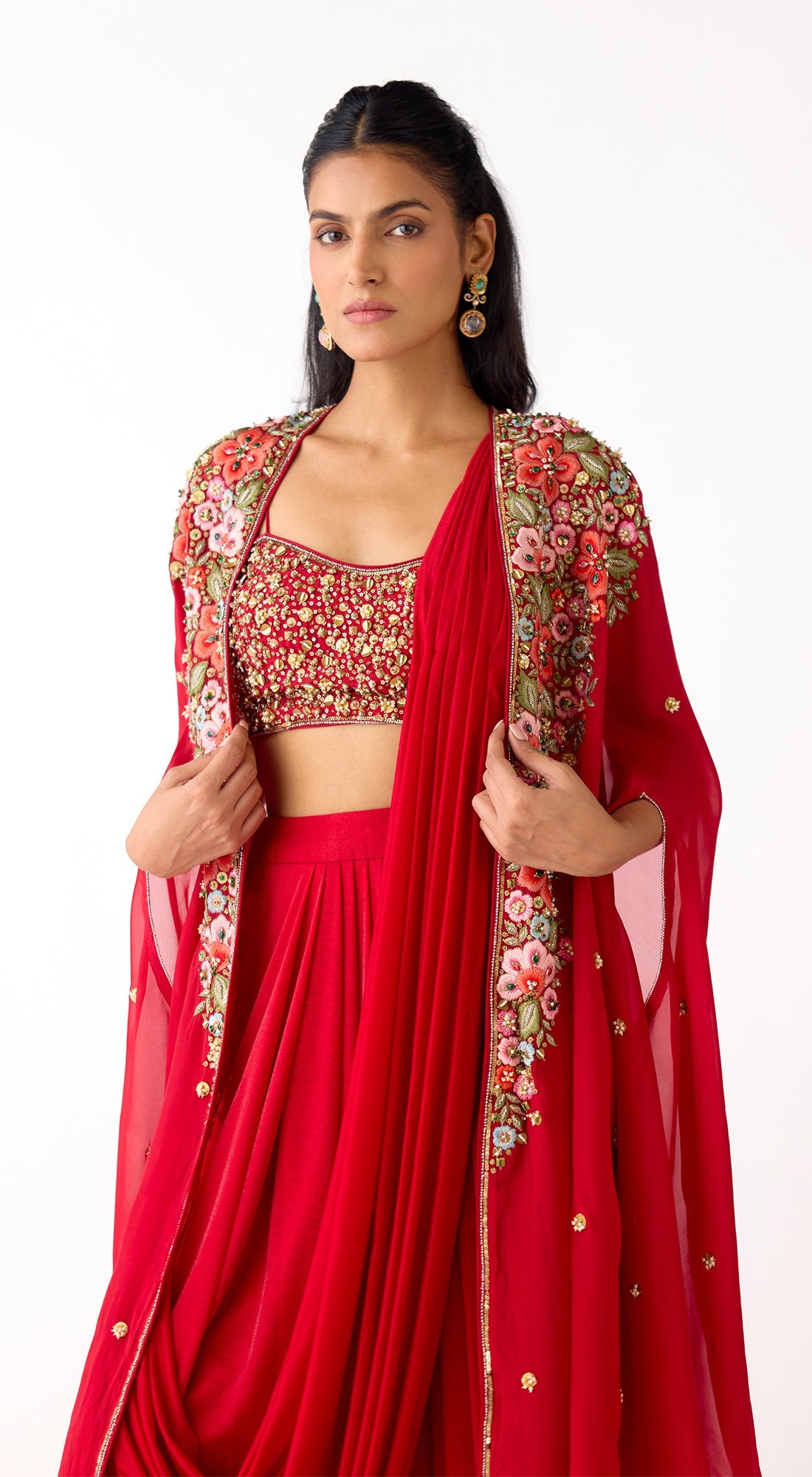 The Scarlet Embrace Draped Skirt & Cape Set
