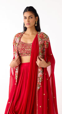 The Scarlet Embrace Draped Skirt & Cape Set
