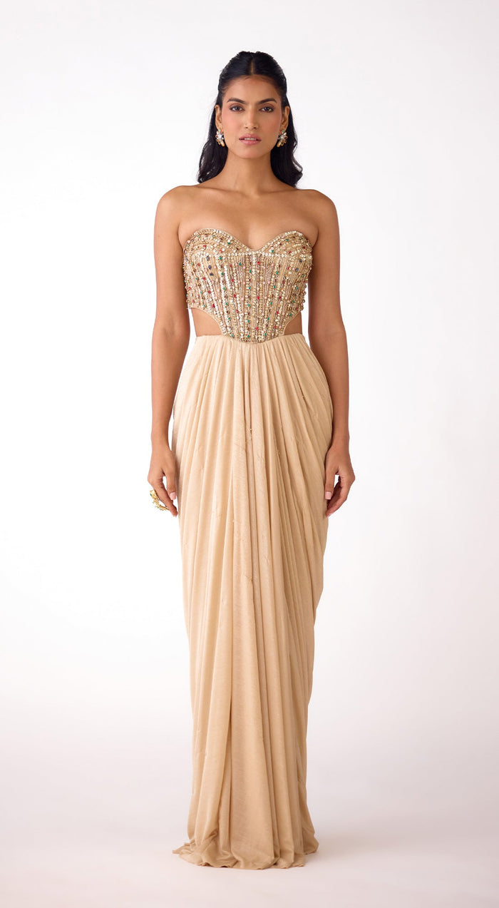 Gold Silk Embroidered Draped Skirt Set