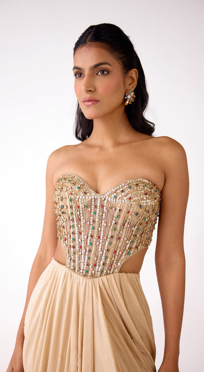 Gold Silk Embroidered Draped Skirt Set
