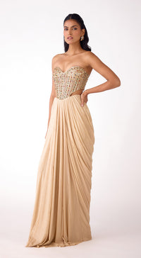 Gold Silk Embroidered Draped Skirt Set
