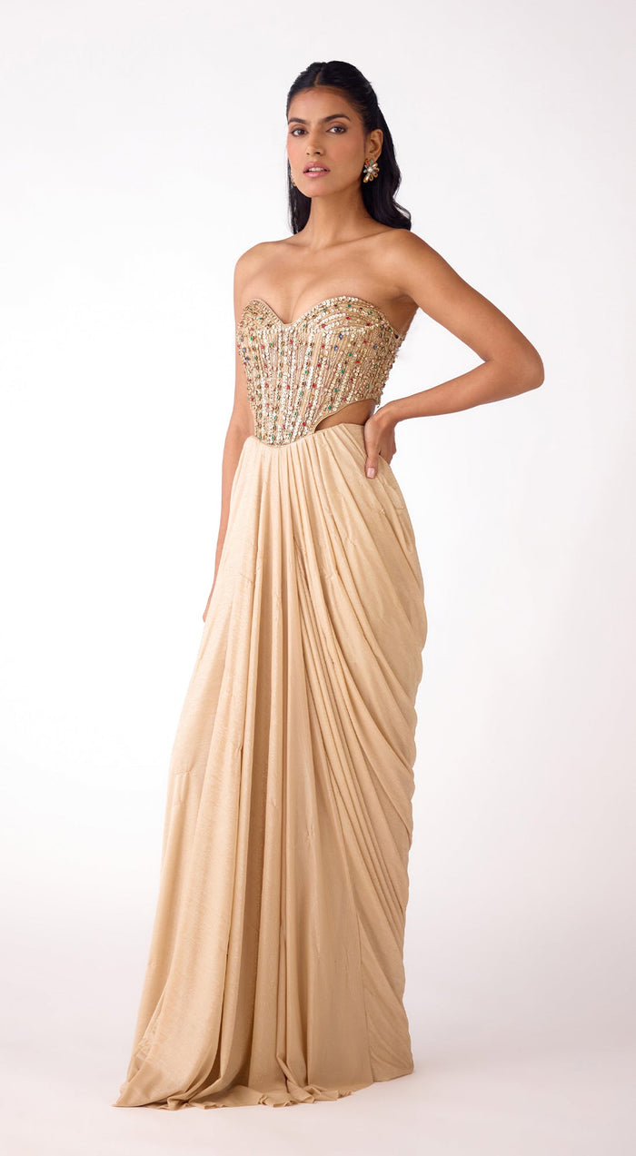 Gold Silk Embroidered Draped Skirt Set