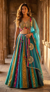 Turquoise Banarasi Embroidered Lehenga Set