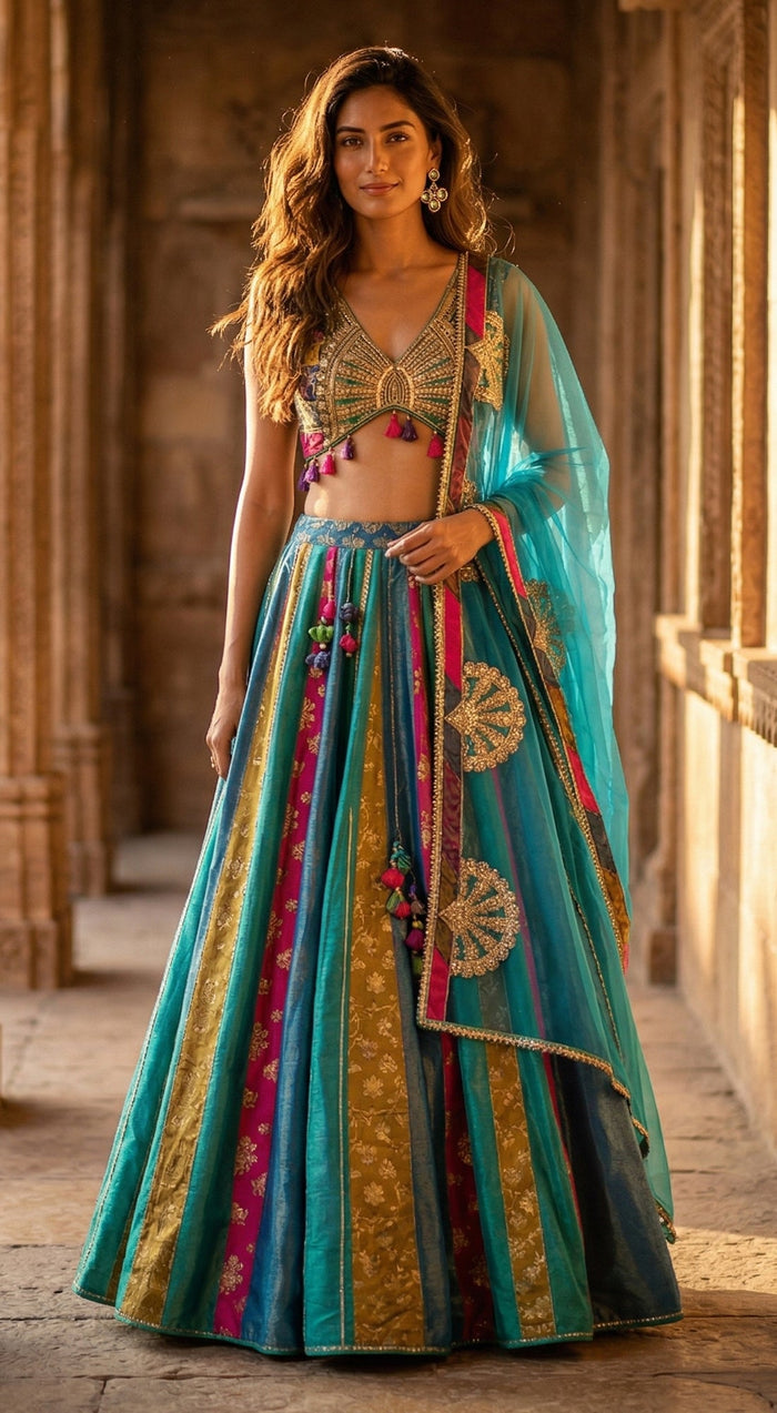 Turquoise Banarasi Embroidered Lehenga Set