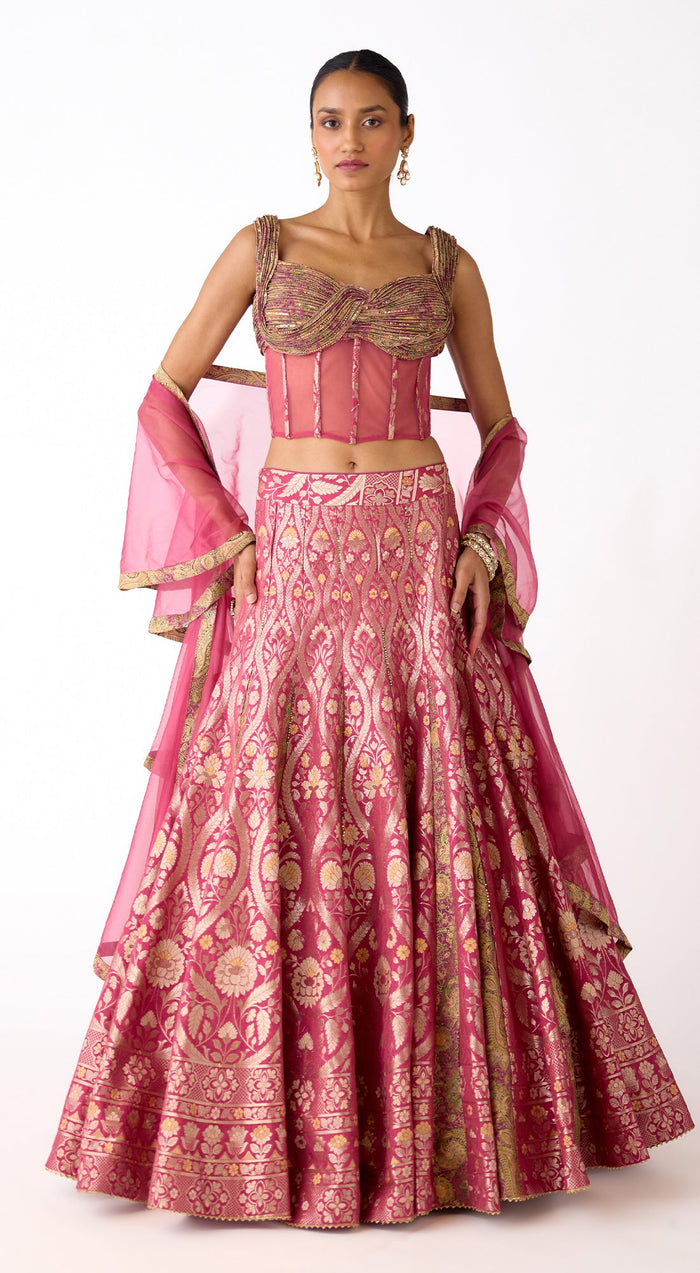 Pink Banarasi Corset & Lehenga Set