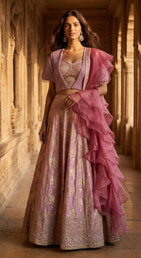 Pink Banarasi Embroidered Lehenga Set