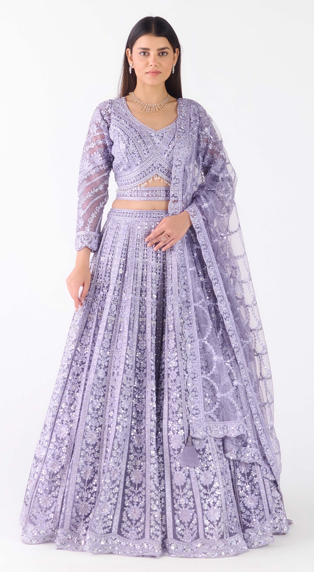 Lavender Net Embroidered Lehenga Set
