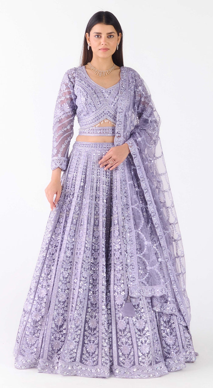 Lavender Net Embroidered Lehenga Set
