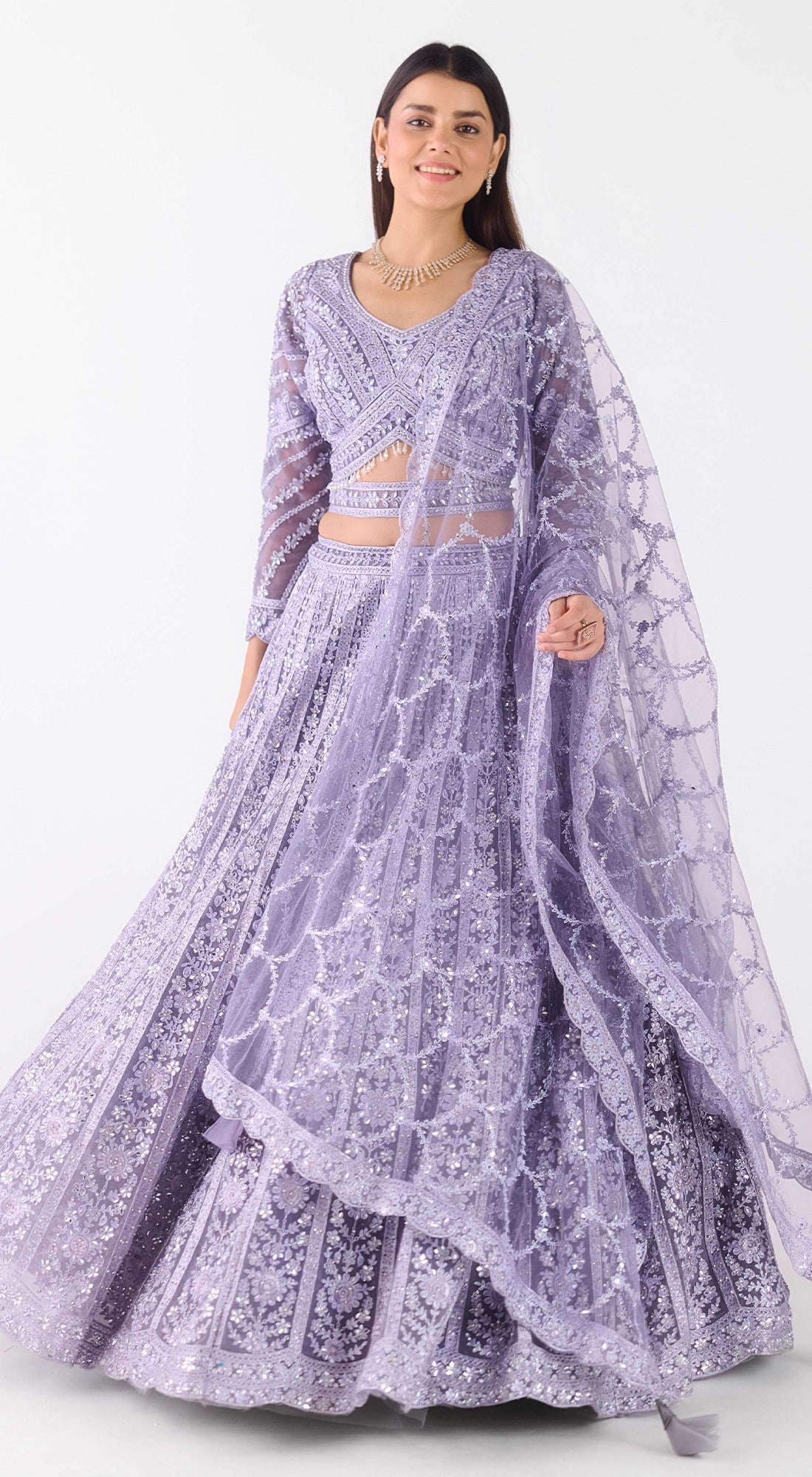 Lavender Net Embroidered Lehenga Set
