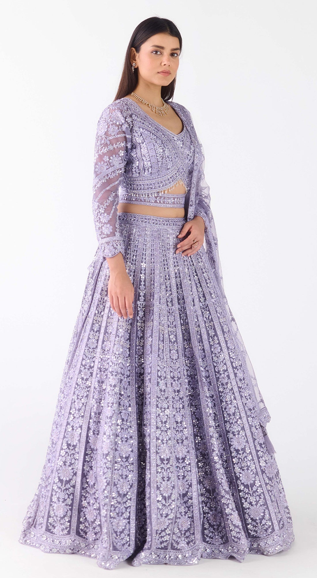 Lavender Net Embroidered Lehenga Set