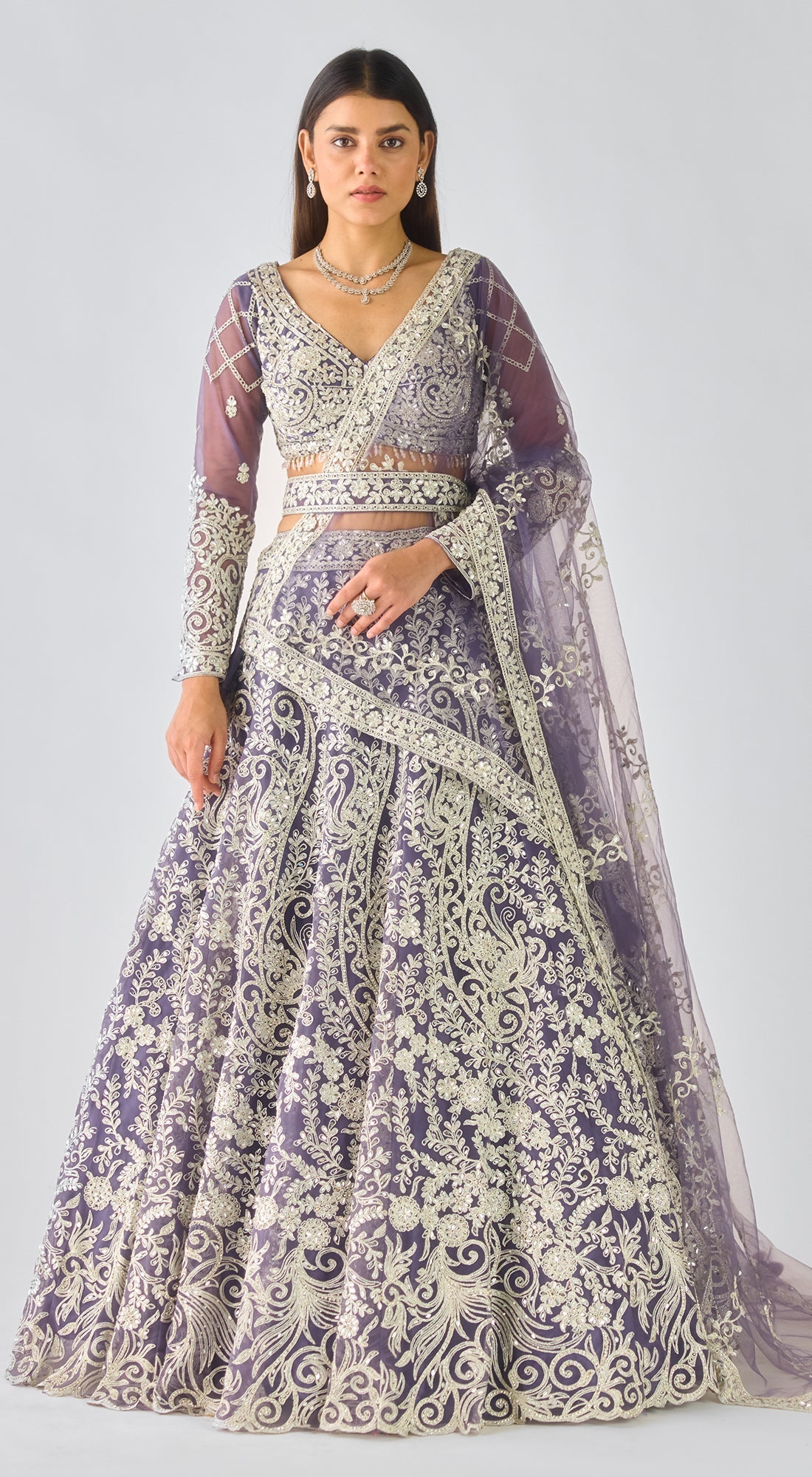 Purple Net Embroidered Lehenga Set
