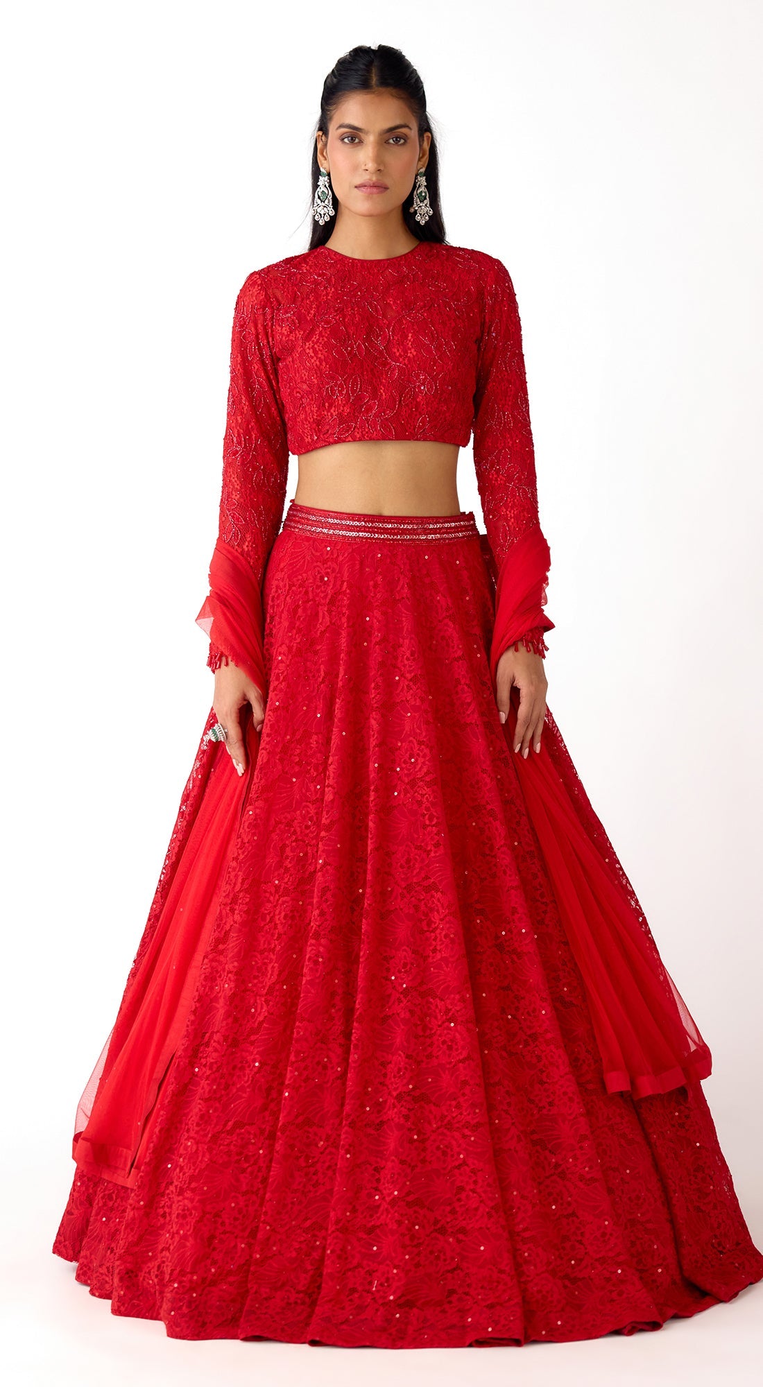 Red Chantilly Net Embroidered Lehenga Set