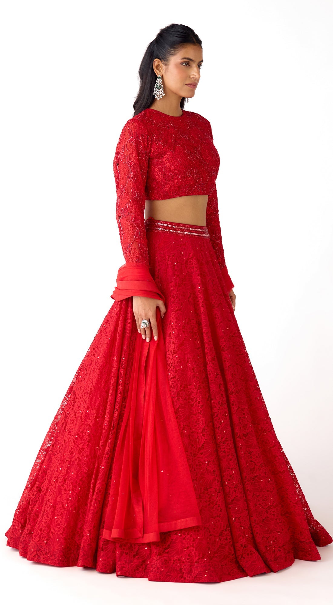 Red Chantilly Net Embroidered Lehenga Set