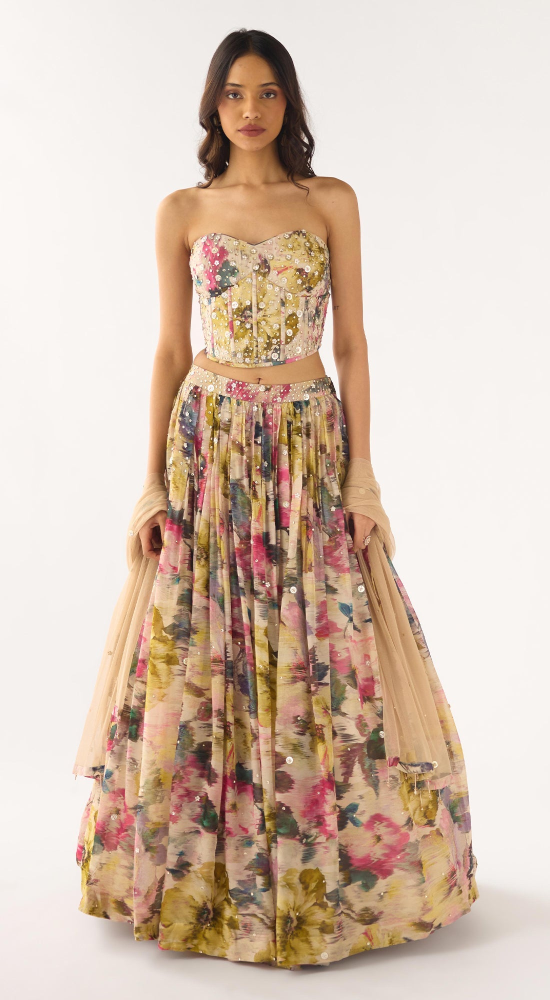 Beige Organza Embroidered Lehenga Set