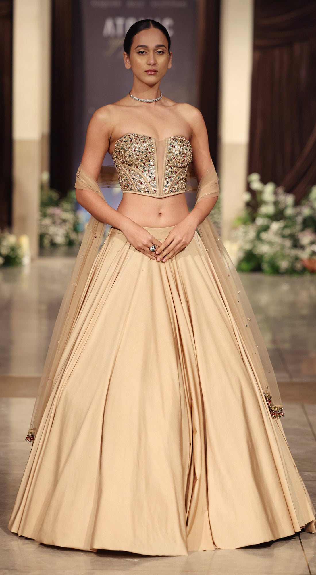 Gold Silk Embroidered Corset Lehenga Set