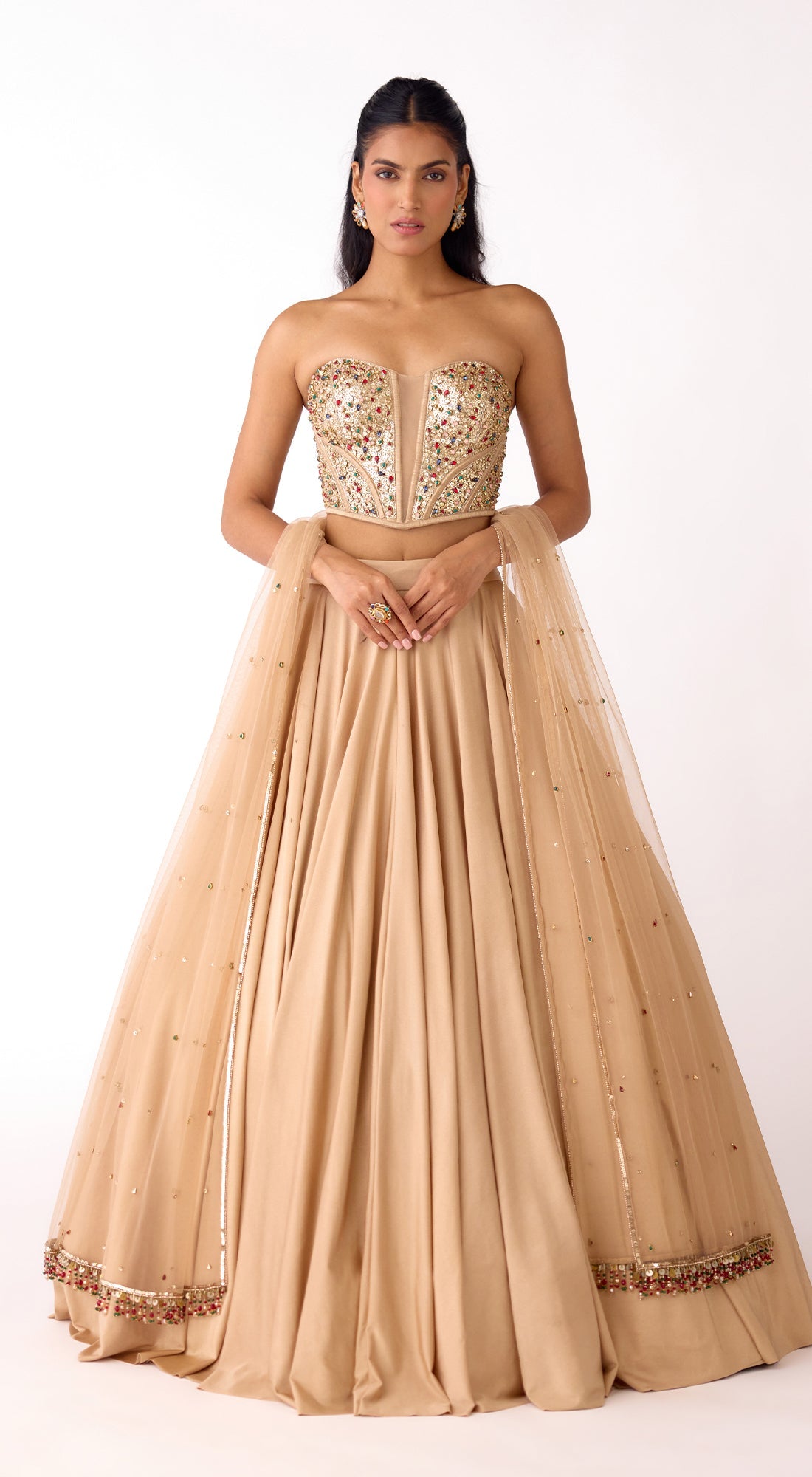 Gold Silk Embroidered Corset Lehenga Set