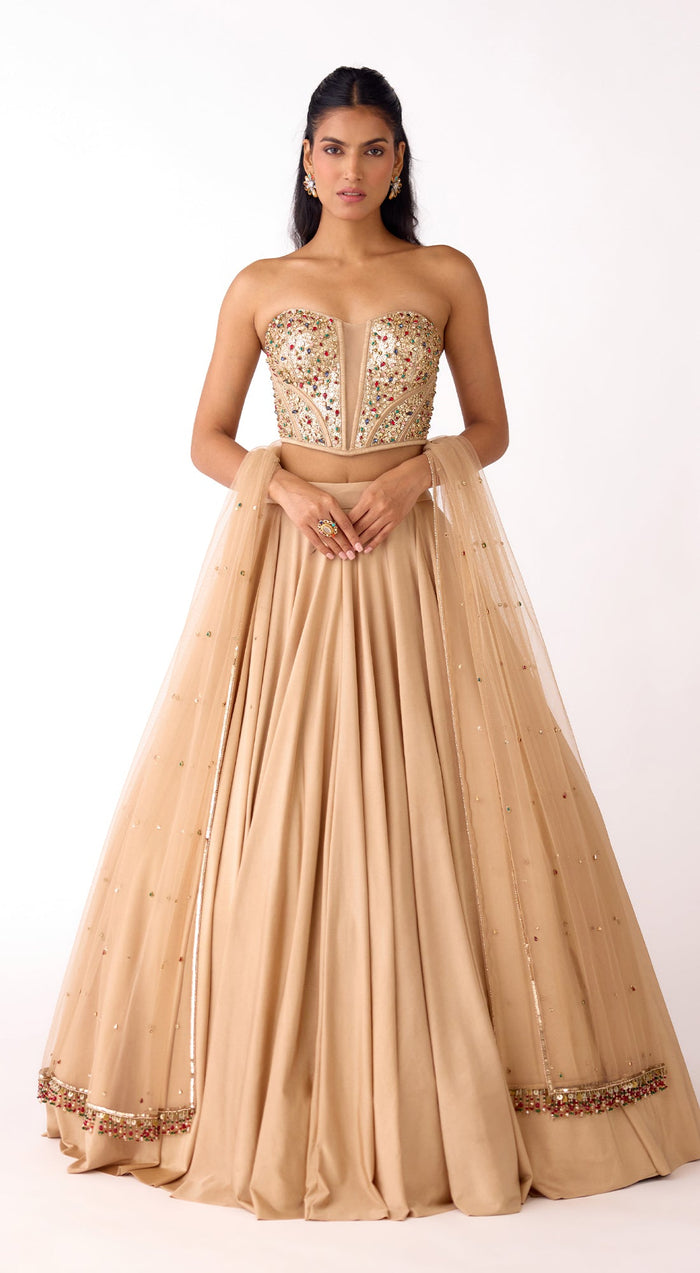Gold Silk Embroidered Corset Lehenga Set