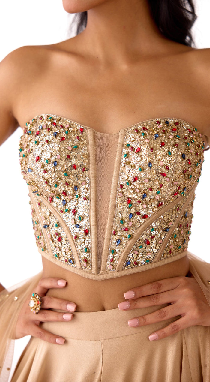 Gold Silk Embroidered Corset Lehenga Set