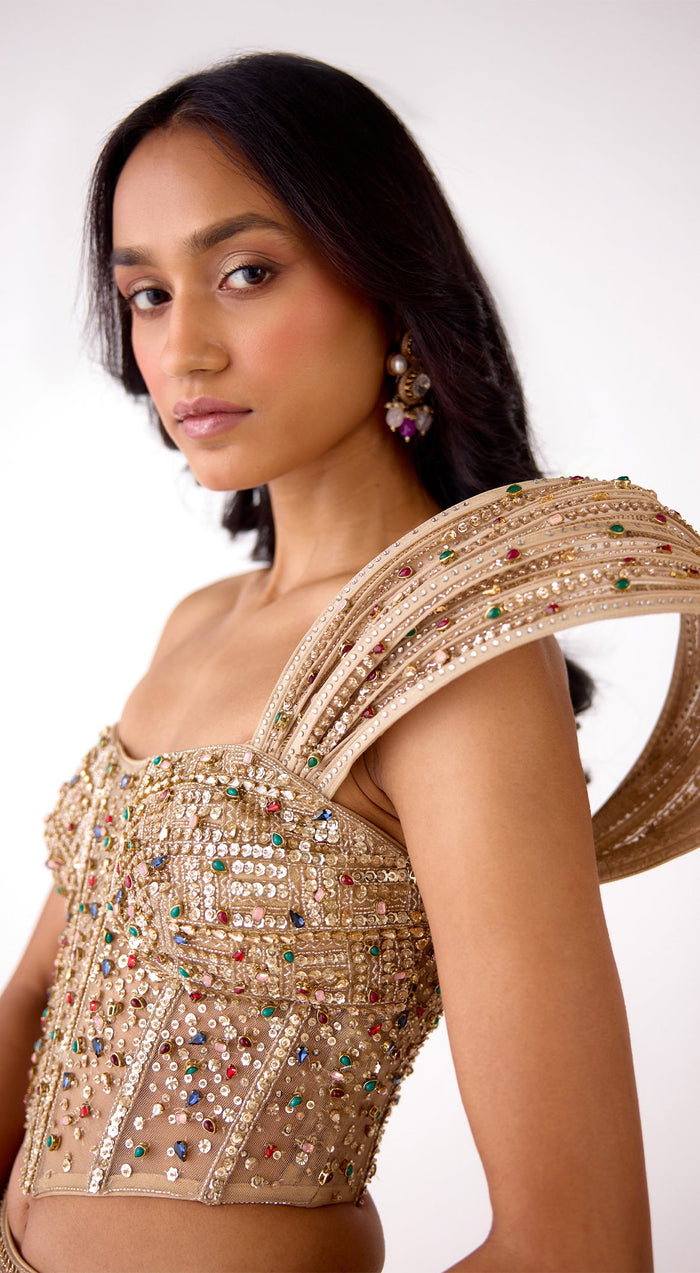 Gold Silk Embroidered Lehenga Set